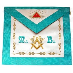 Leather Masonic apron – Master Mason – Groussier French Rite – Square-and-compass + Acacia + MB